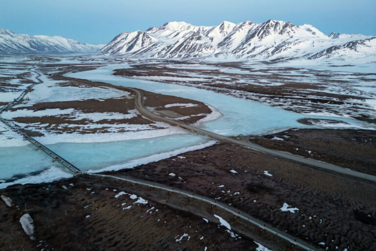 Exploring Oil in Alaska Without Environmental Restrictions - Creation Covenant Alliance An aerial view of the Dalton Highway and a portion of the Trans-Alaska Pipeline System crossing over the frozen Atigun River in North Slope Borough, Alaska. Credit: Lance King/Getty Images