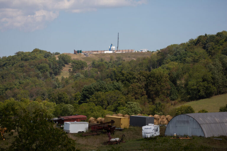 The construction site of a natural gas well sits in the background of a farm in Washington County, Pennsylvania, on Sept. 6, 2024. Credit: Rebecca Droke/AFP via Getty Images